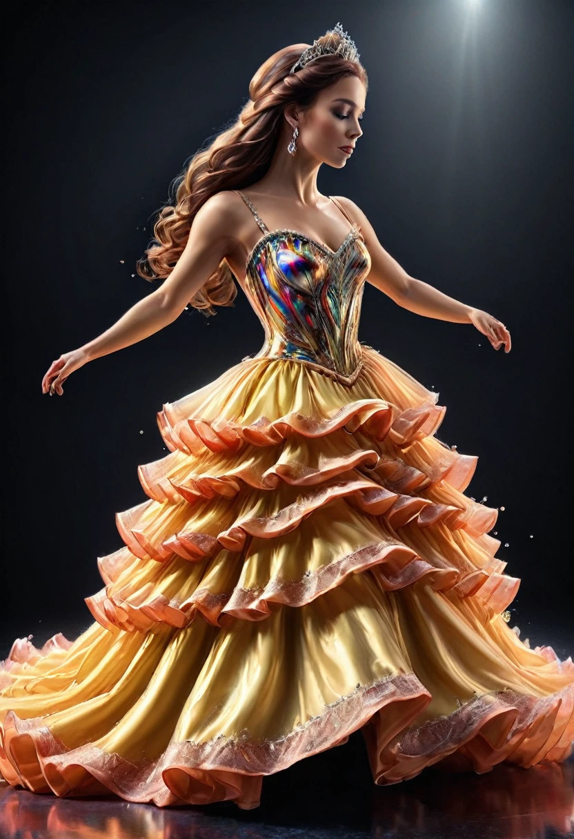 a ((liquid metal portrait: 1.5)) of woman ballroom dancer, a full body picture ((anatomically correct: 1.5)) ultra detailed face,  dynamic hair color, dynamic hair style, dynamic skin complexion, best detailed face, of a exquisite beautiful female ballroom dancer, she is wearing a (colorful ballroom dress: 1.3), best detailed dress, colorful dress, multicores dress, royal fantasy ballroom background, LIQUID METAL, artxldnc, ba11g0wnת princess dress
