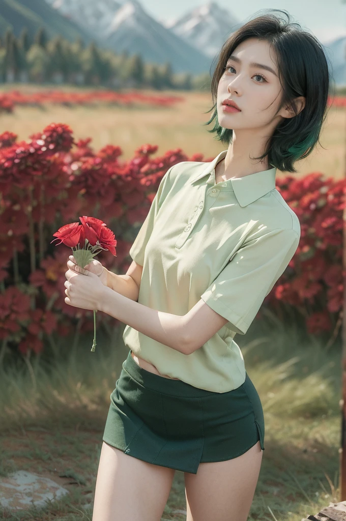 (((best quality))),(((ultra detailed))),(((masterpiece))),illustration,((1 beautiful girl,tomboy,solo)),(short black hair:1.3),((slim,thin)),((small breasts,thin)), vigorous, confident, (light green collared short-sleeved shirt:1.3), (dark green mini skirt:1.2),(slender legs:1.2),(standing:1.3),simplicity, robustness, strong features, (Abandoned Gobi Scene:1.3),(Rock surface:1.2),glowing eyes, rebellious, sensible, (mountainous landscape:1.3), (beside a vibrant red flower:1.3),elegance, unyielding spirit, youthful beauty, strength, resilience, adversity, challenges,((from front,upper body))