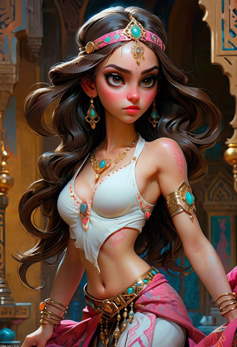 1girl, Dancer, Ultra-detailed Young belly dancer in Arab palace accurate anatomy by Daniel F. Gerhartz, H.R. Giger, Gustave Doré, Tom Bagshaw, Junji Ito, graffiti art, splash art, street art, spray paint, oil gouache melting, acrylic, high contrast, colorful polychromatic, ultra detailed, ultra quality, CGSociety, masterpiece, best quality, very aesthetic, absurdres