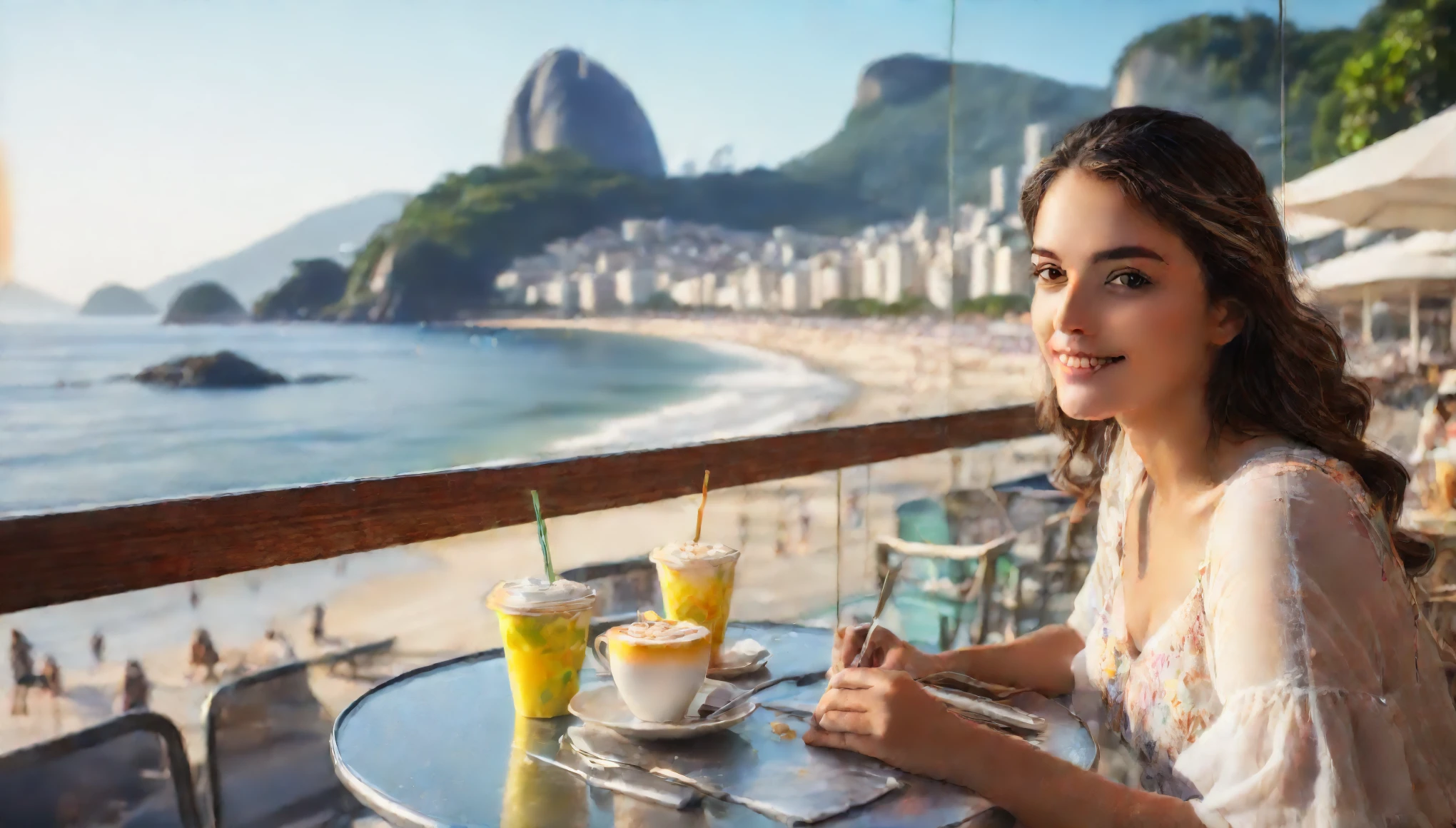 “(best quality, 4k, 8k, highres, masterpiece:1.2), soft focus, bright gradient watercolor, dreamy, white background, girl, cafes, Copacabana Beach, Sugar Loaf, Corcovado" studio lighting,detailed reflections,detailed textures,photorealistic,cinematic composition