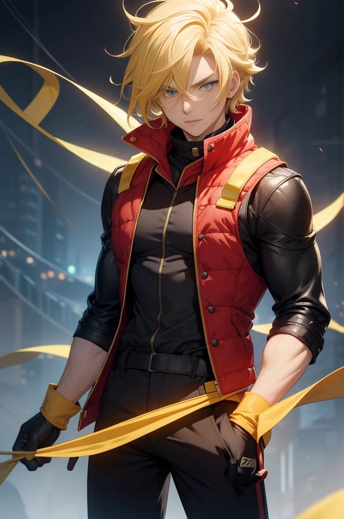 (26 years old), (male), Yellow hair, (Blue eyes), (whisker mark), (wavy hair), red scarf, red vest, sleeveless, black pants, black gloves, Athletic body, up to legs