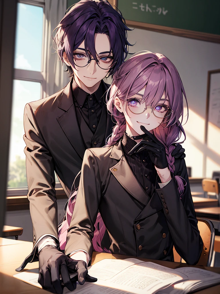 men's，single braid hair，violet colored hair，（Eye 1：2，Clear eyes，Elaborate Eyes，Delicate pupils，Good eyes，eye detailed），Face Focus，Adult，In black suit，best qualtiy，facial detailing，‎Classroom，sit on desk，sitting in the couch，lazy，Detailed background，diffuse sunlight，depth of fields，Studying　Smiling at your desk, violet eyes,black gloves, round glasses, long sleeves,violet hair, smile,