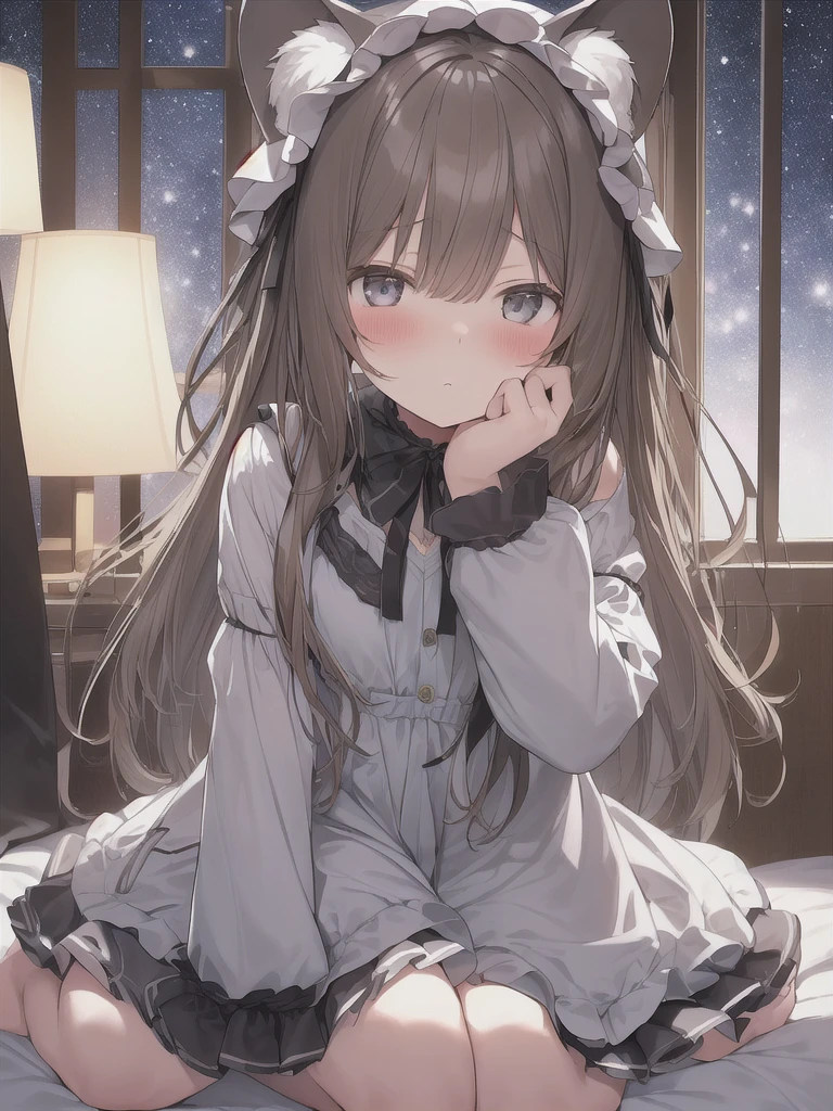 (Browsing Caution:0.9),(Girl:1.4), alone, whole body, Sitting, Dynamic Angle, Gray Hair, Flat Chest, frills, 3 years old, Brown Hair, Long Hair, night, Starry Sky, dark, sleepy, I want to sleep, Animal ear hood, Holding a teddy bear, Covered breasts,shy, blush,大きなぬいぐるみを抱いているパジャマ姿のGirl, with a shy expression on her face, Bedroom Settings, The composition should exude a blend of sensuality and innocence., The background must be visually appealing,