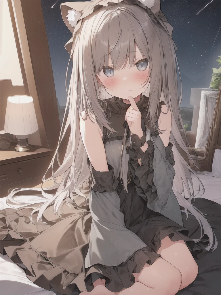 (Browsing Caution:0.9),(Girl:1.4), alone, whole body, Sitting, Dynamic Angle, Gray Hair, Flat Chest, frills, 3 years old, Brown Hair, Long Hair, night, Starry Sky, dark, sleepy, I want to sleep, Animal ear hood, Holding a teddy bear, Covered breasts,shy, blush,大きなぬいぐるみを抱いているパジャマ姿のGirl, with a shy expression on her face, Bedroom Settings, The composition should exude a blend of sensuality and innocence., The background must be visually appealing,