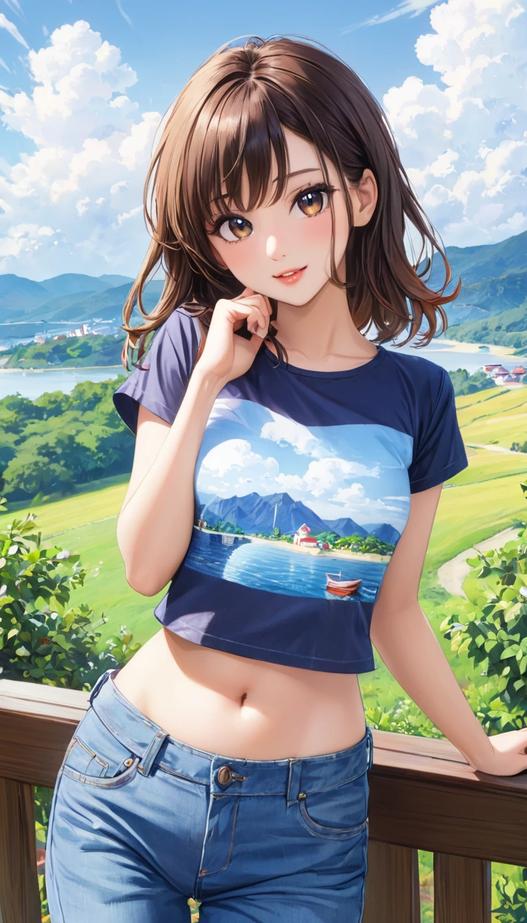 woman,white,art,advertisement,Colored pencil drawing,draft 、Summer Girl、Summer Scenery、whole body、Denim Long Pants、Belly button、Short length T-shirt、Outstanding style、beautiful、cute