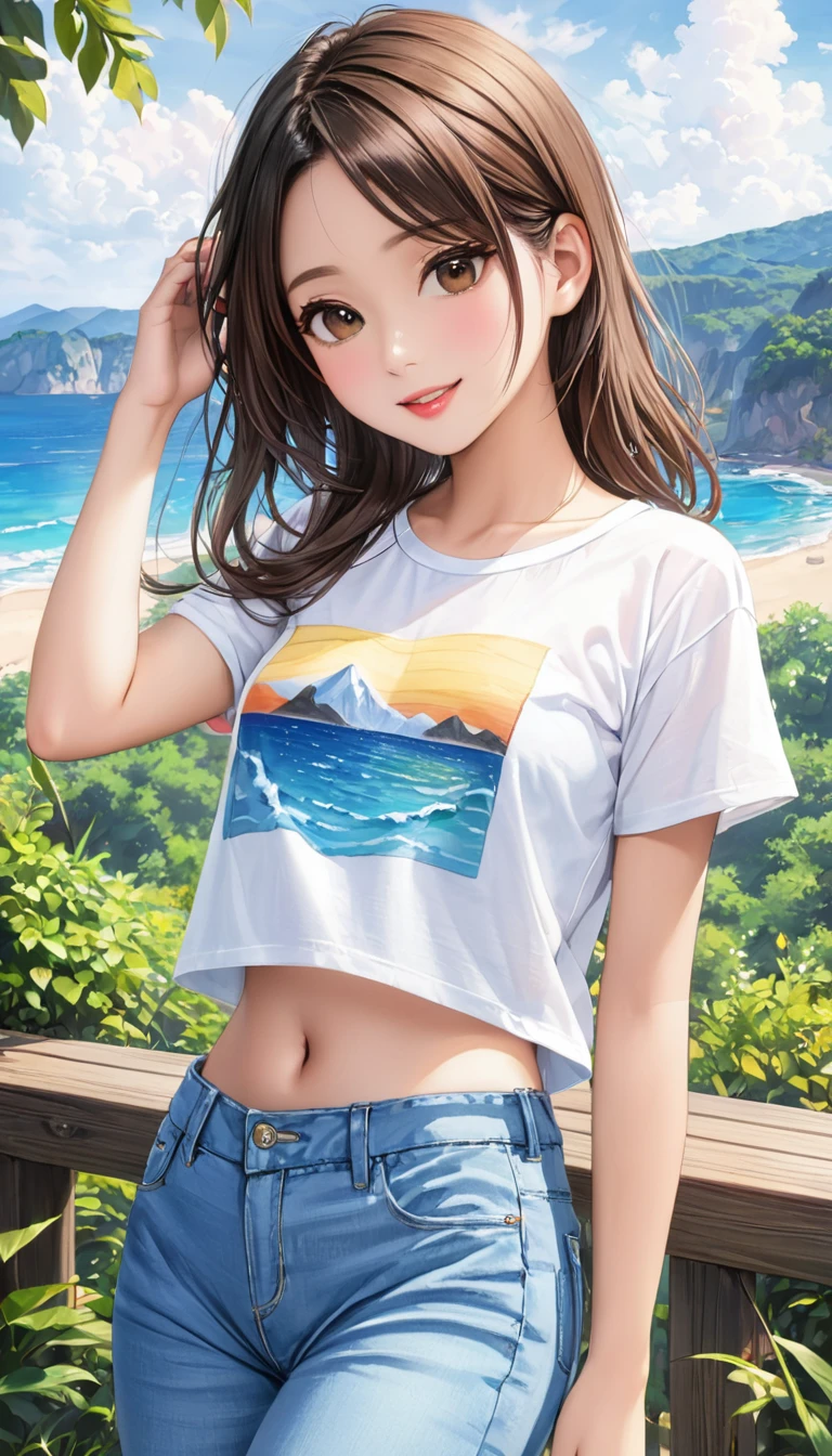 (8K、Highest quality、Highest quality、masterpiece)、Detailed face、One Girl、(Brown Skin:1.2)、Long Hair、Blue Eyes、Serious、(Red Tank Top、Denim hot shorts、Open Shorts、Unziped shorts、Mini jeans Shorts、No Panties、NoPanties、Spread pussy、heart clitoris cutout)、labia view、Beach、cloud、vagina、Pussy Lip、Wedgie between Pussy Lips、Big Breasts
