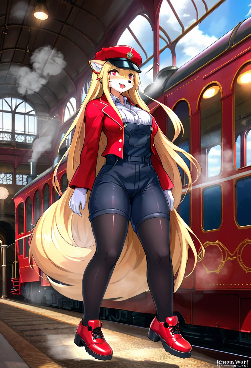a kemono wolf woman, train driver, long flowing hair, wearing a red train driver's hat, red coat, black overalls, white gloves, black stockings, red shoes, controlling a steam train, happy, highly detailed,HDR, 8k, masterpiece, intricate details, dynamic lighting, vibrant colors, cinematic composition, dramatic atmosphere, train station, detailed facial features, piercing eyes, expressive emotions, striking pose, dynamic action