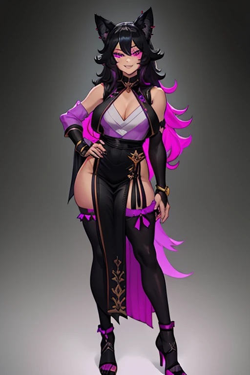 female, black long hair with magenta trim, silver eyes, wolf ears, wolf tail, (((1girl))), (((black sleeveless royal dress with magenta trim))), (black fingerless opera gloves), (black stockings), (black heels), (gold jewelry), cute and sexy, full body, large breasts, long legs, smiling