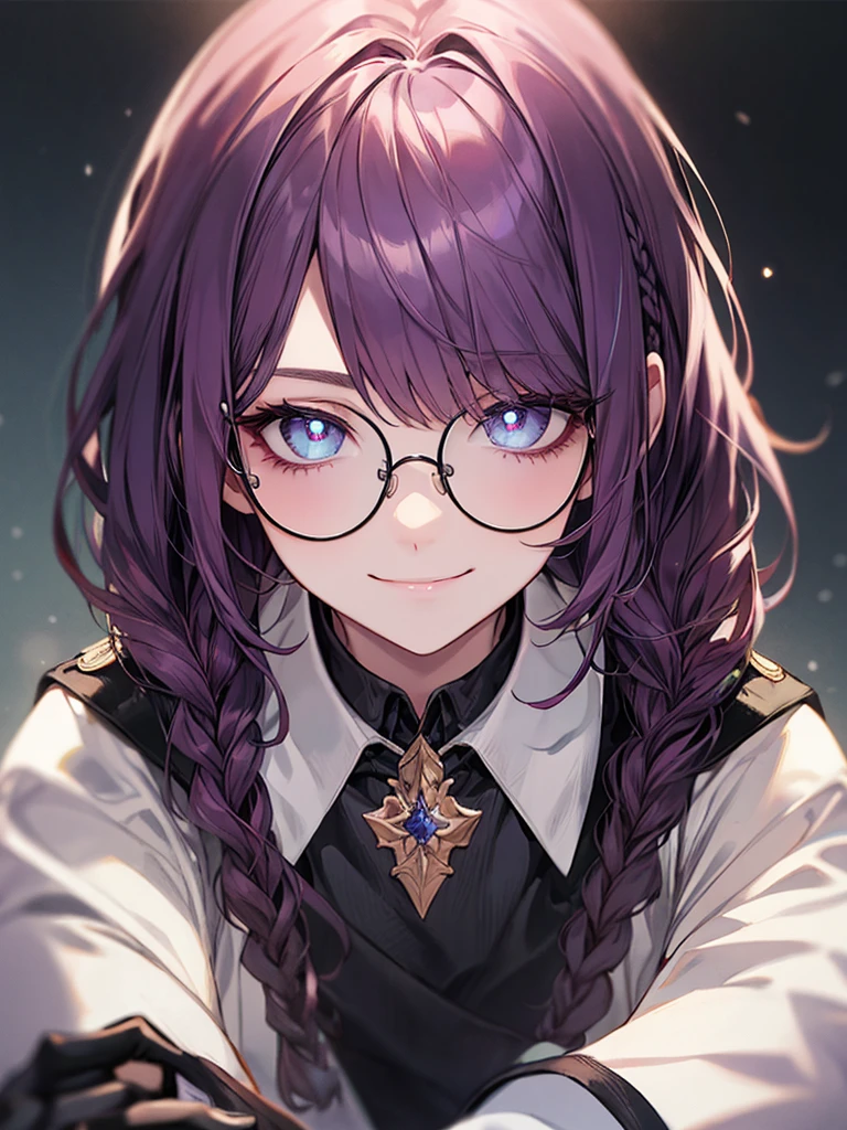 men's，single braid hair，violet colored hair，（Eye 1：2，Clear eyes，Elaborate Eyes，Delicate pupils，Good eyes，eye detailed），Face Focus，Adult，In black suit，best qualtiy，facial detailing，‎Classroom，sit on desk，sitting in the couch，lazy，Detailed background，diffuse sunlight，depth of fields，Studying　Smiling at your desk, violet eyes,black gloves, round glasses, long sleeves,violet hair, smile,