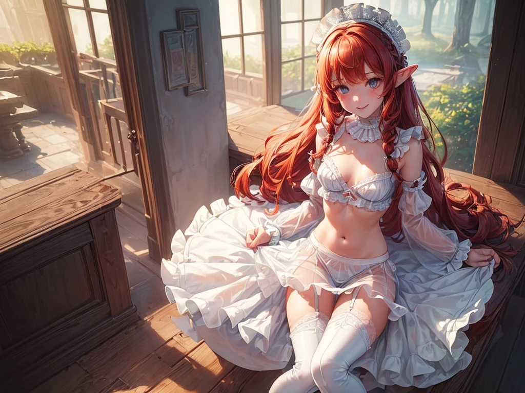 (((top-quality, masterpiece))), (best quality), (detailed), (((one young girl))), (solo girl), (wooden elfe girl), happy, charming, smiling, ((highly detailed beautiful face)), delicate girl, delicate face, ((red hair)), long hair, braids,  bleu eyes, dark look, focused, ((small breasts)), nice hips, flat belly, slim waist, define collarbone, (((sofisticated and detailed white top with frills))), (((her clothes are torn to shreds))), (((transparent white mini skirt with frills))), (((lace lingerie))), sexy laces top, (deep cleavage), (((long brown leather boots))), (chocker), sexy pose, cinematic shadow, sweet forest atmoshpere,