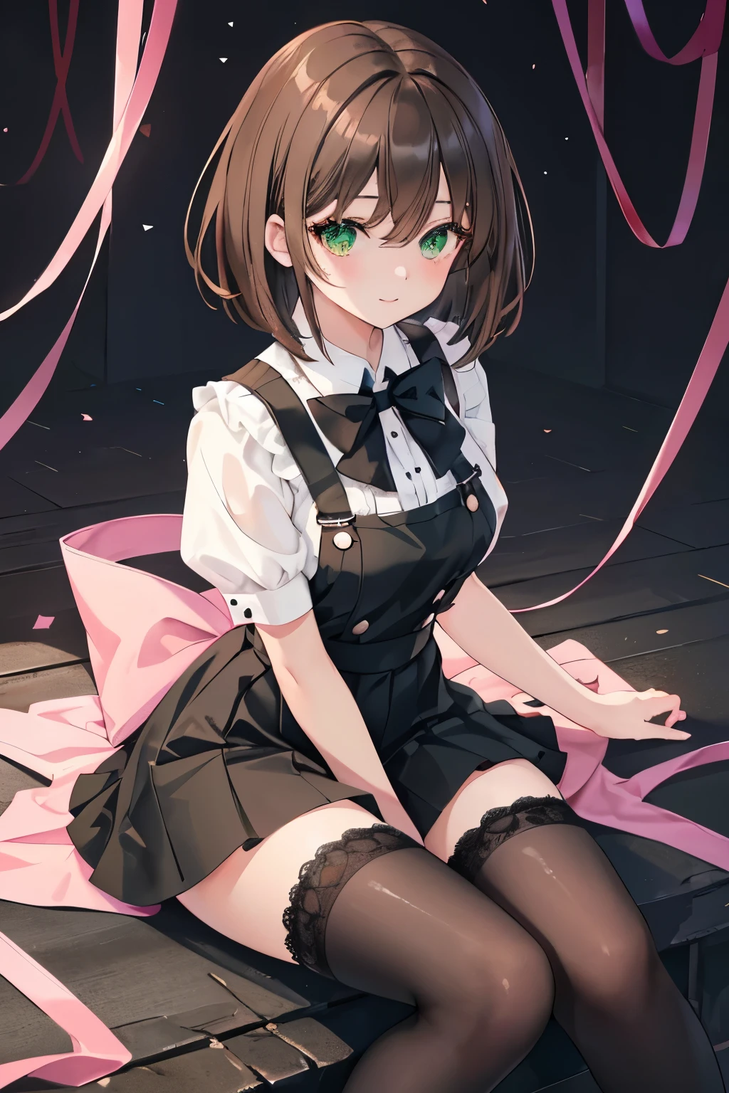 ((masterpiece, Highest quality, High resolution, 超High resolution, Pixel perfect, Written boundary depth, 4K, RTTX 10.0, High resolution))), 1 girl, single, alone, Beautiful Anime Girls, Beautiful art style, Anime characters, ((Shortcuts, bangs, Dark brown hair)), ((Green Eyes:1.4, Round eyes, Beautiful eyelashes, current eyes)), ((Smooth texture:0.75, Anime CG style)), Medium chest, ((Dynamic Angle, close)), Perfect body, (pretty girl), 1girl, solo, wearing a kawaii fashion outfit, outfit features a pink blouse with black lace trim and a large bow at the collar, The blouse is paired with a black high-waisted skirt with lace-up details, The person is also wearing black knee-high socks with lace tops, The overall look is cute and elegant, Outdoor, wood, Depth of written boundary,