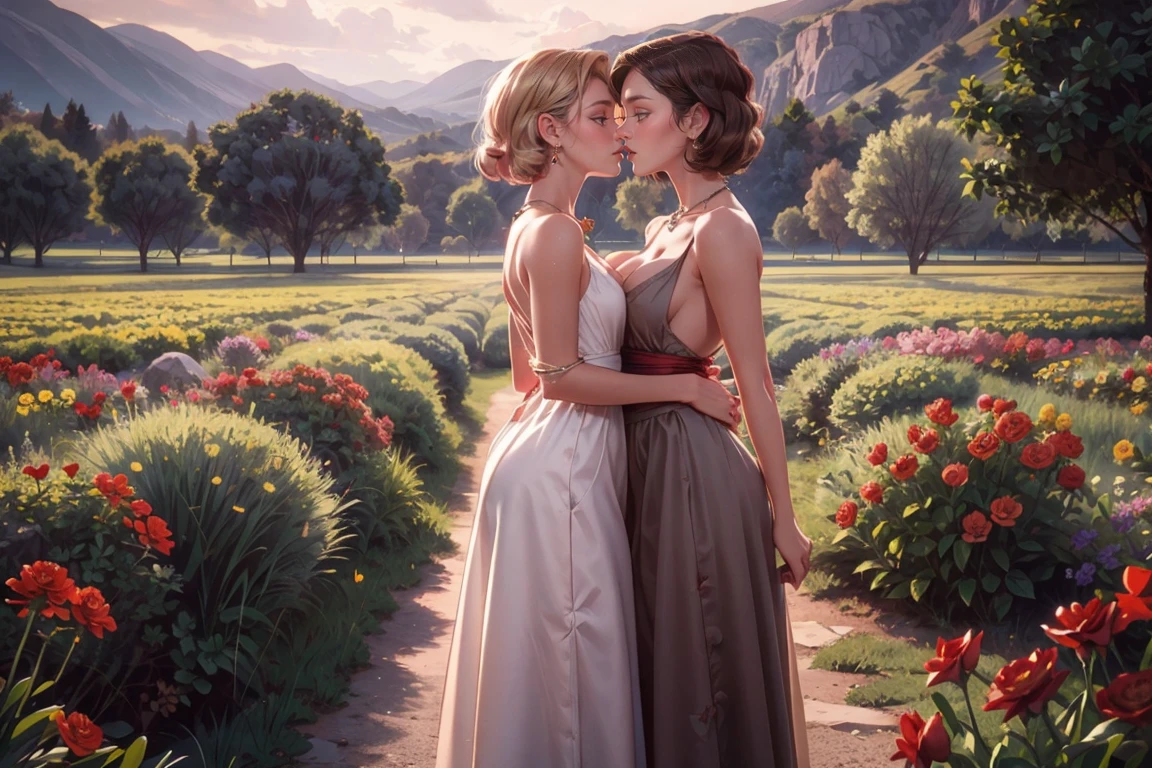 masterpiece, photorealistic:1,  field of flowers,  nature, scenery, outdoors, valley, , beautiful 20 year old woman, 2girls, standing, kissing, elegant, kiss_on_cheek, yuri, cute,  blond_hair,    jewelry, necklace,   cleavage, shirt, best quality,   evening,retro dress,
medium_breasts, bangs, 