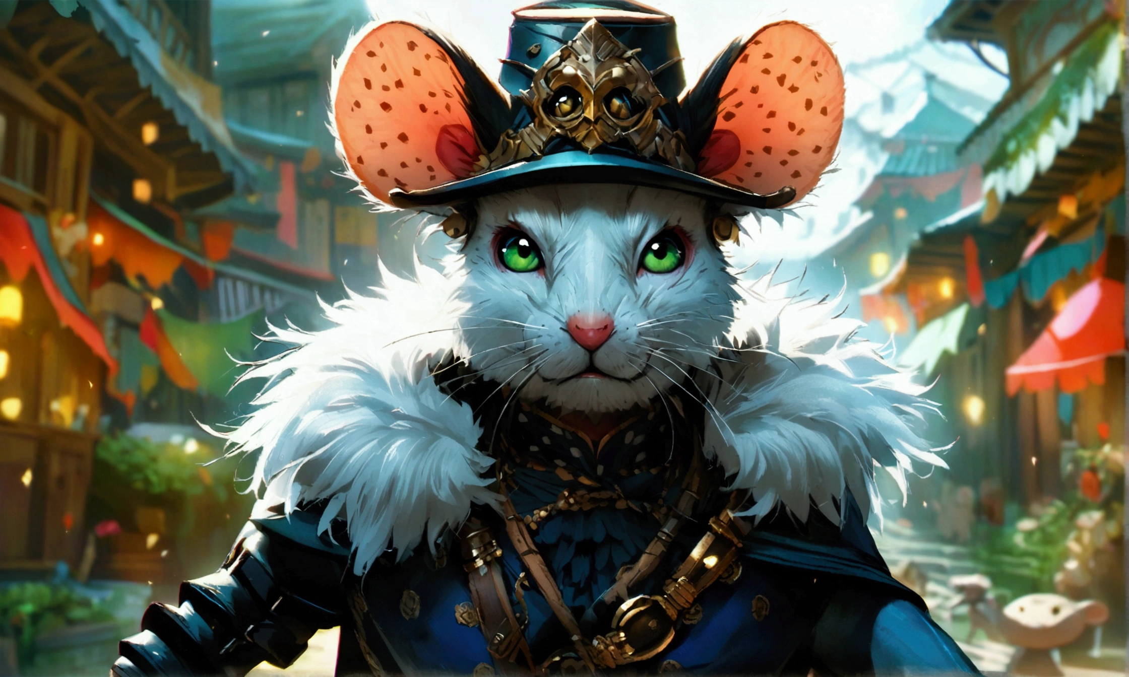 Humanoid mouse, white fur, green eyes, swordsman outfit, suspicious expression, "Anime character design inspired by One Piece, full of dramatic and impressive lighting, focus on the centralized character, impressive face, full of creative details, ultra-fine 4K design, scenery bathed in creativity, boasting 2D anime resolution clarity, HD anime graphics, high-octane rendering"