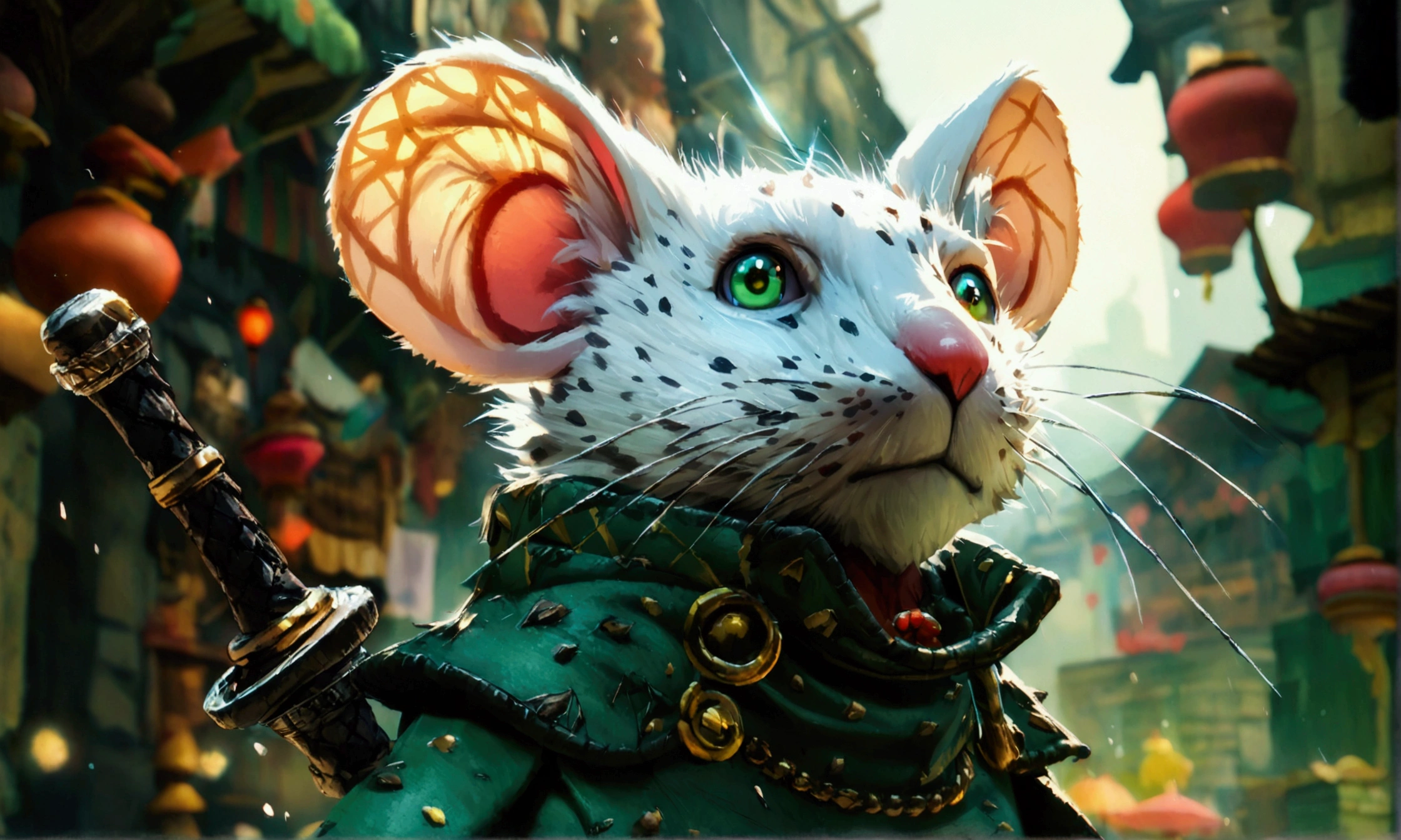 Humanoid mouse, white fur, green eyes, swordsman outfit, suspicious expression, "Anime character design inspired by One Piece, full of dramatic and impressive lighting, focus on the centralized character, impressive face, full of creative details, ultra-fine 4K design, scenery bathed in creativity, boasting 2D anime resolution clarity, HD anime graphics, high-octane rendering"