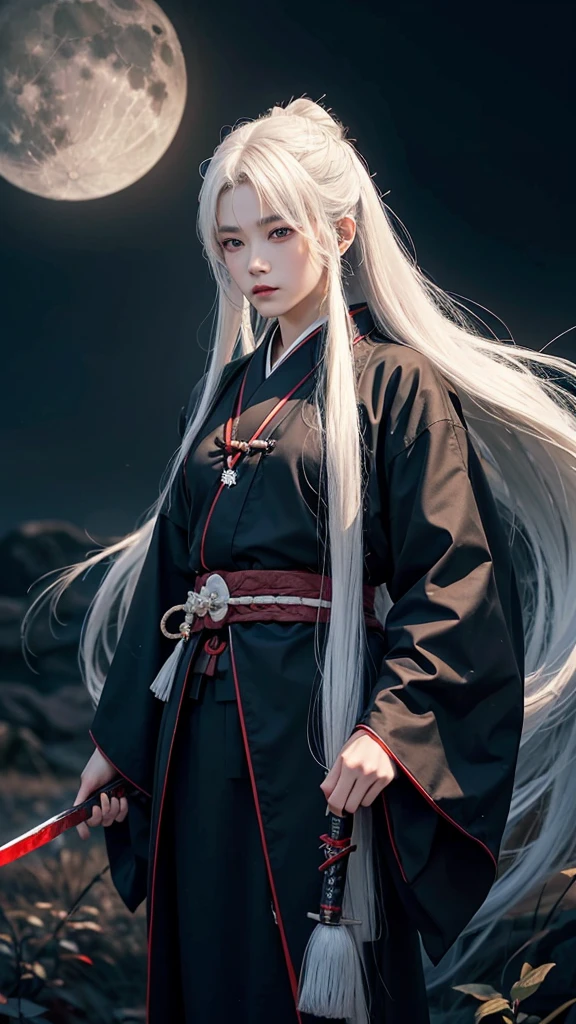 Samurai Men of strange age Long white hair dark atmosphere return blood Look down a little The sword is very long Her hair is fluttering I can see the moon high quality Old black kimono Very beautiful down to the last detail Striking an Iai pose Eyes Shining whole body