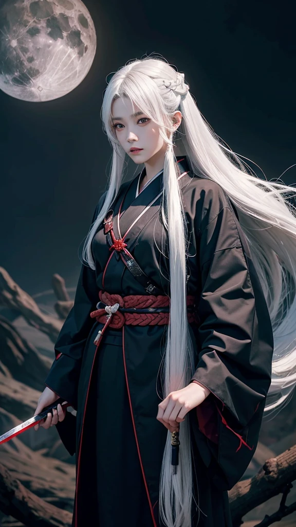 Samurai Men of strange age Long white hair dark atmosphere return blood Look down a little The sword is very long Her hair is fluttering I can see the moon high quality Old black kimono Very beautiful down to the last detail Striking an Iai pose Eyes Shining whole body