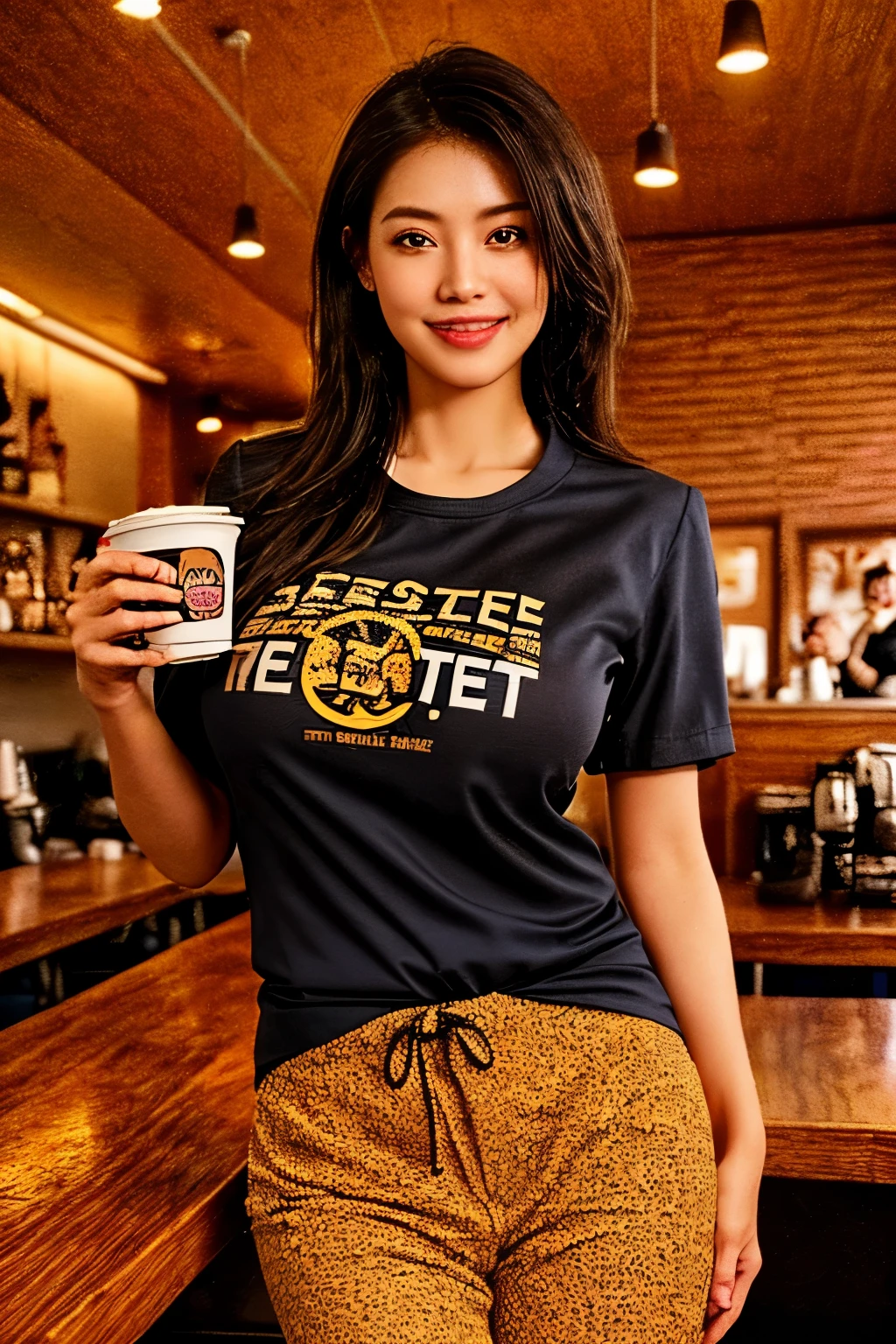 Smiling and holding her favorite coffee in a coffee shop, Dress code: T-shirt and pants, (Large Breasts), retina, textured skin, high details, 8k, high details, high quality, highres, best quality