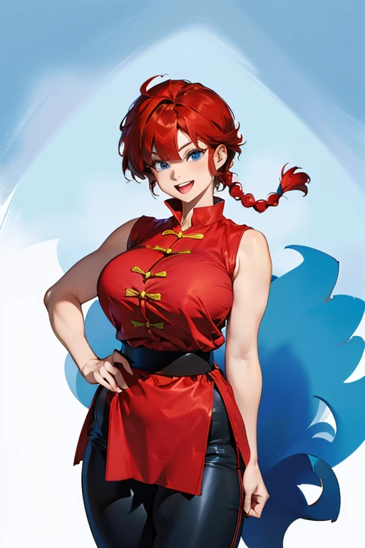 8k,masterpiece, best quality, ultra detailed, [perfect shadows and lighting], detailed background, incredible high-key lighting, ambient soft lighting,
young female, uzakihana, gorgeous face,japanese face, lips, makeup, stylish hair, perfect eyes, grey hair, short hair, blue eyes,
huge breasts, thick things, wide hips, narrow waist
look at viewer, seductive, smile, smirk, open mouth, sexy pose,
, streets, in town, outdoors, see-through, undersized clothes,　((masterpiece)), high quality, very_high_resolution, large_filesize, full color, heavy outline, clear outline, colorful, (beautiful detailed eyes), (beautiful face:1.3), (boyish face), 1 girl, (femaleranma), (red hair), short hair, (braided ponytail), ((bangs)), bumpy bangs, blue-gray eyes, big breasts, curvy, black-wristbands, femaleranma, braided ponytail, chinese clothes, sleeveless, tangzhuang, black pants, cameltoe, standing, upper body, front view, (8k, RAW photo, best quality, masterpiece:1.2),    RanmaChan, RanmaRedShirt, blue pants (masterpiece, best quality:1.2), 1 girl, Solitary (8k, Foto RAW, La mejor calidad, Obra maestra:1.2), Ranma Chan, Ranma Red Shirt, red hair, braided belt, blue pants, martial art age girl , hair up like a rooster, Wearing black clothes, fighting stance, full body, Black hair
