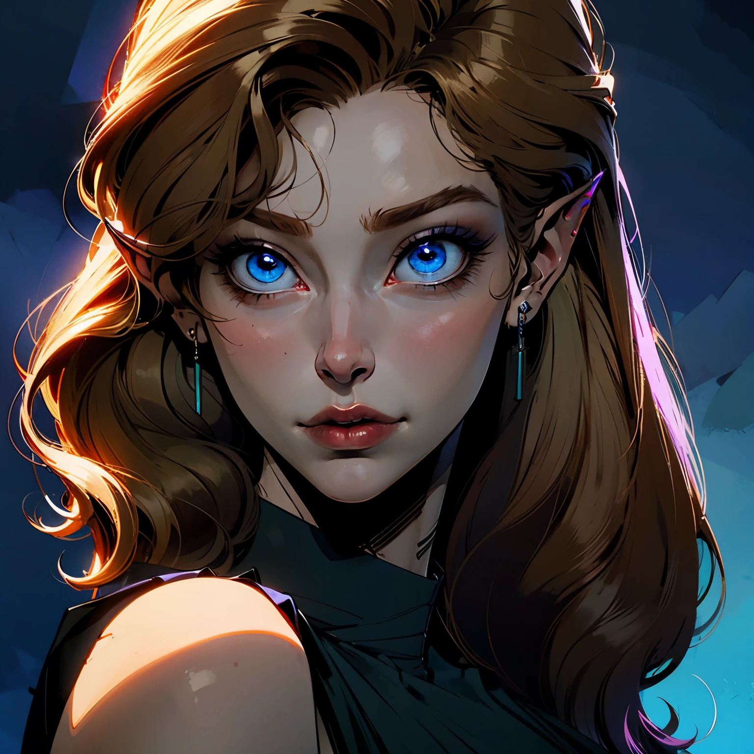  beautiful blond elven woman in her 30s, with blue eyes and striking features, exuding maturity and allure in a seductive pose.(dark-blue background), pointy ears, glowing eyes, beauty, 