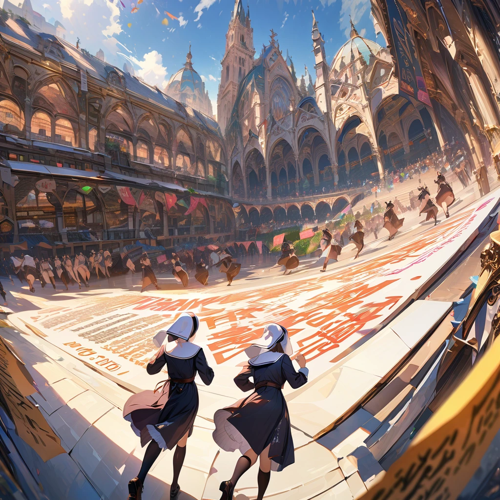 "Thank you for 70,000 likes!!" written, Nuns running together, detailed background, detailed writing, 4k, UHD, absurd, ultra quality, masterpiece,