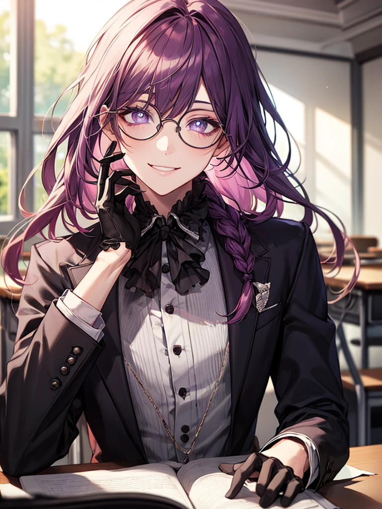 men's,single braid hair,violet colored hair,(Eye 1:2,Clear eyes,Elaborate Eyes,Delicate pupils,Good eyes,eye detailed),Face Focus,Adult,In black suit,best qualtiy,facial detailing,Classroom,sit on desk,sitting in the couch,lazy,Detailed background,diffuse sunlight,depth of fields,Studying Smiling at your desk, violet eyes,black gloves, round glasses, long sleeves,violet hair, smile,