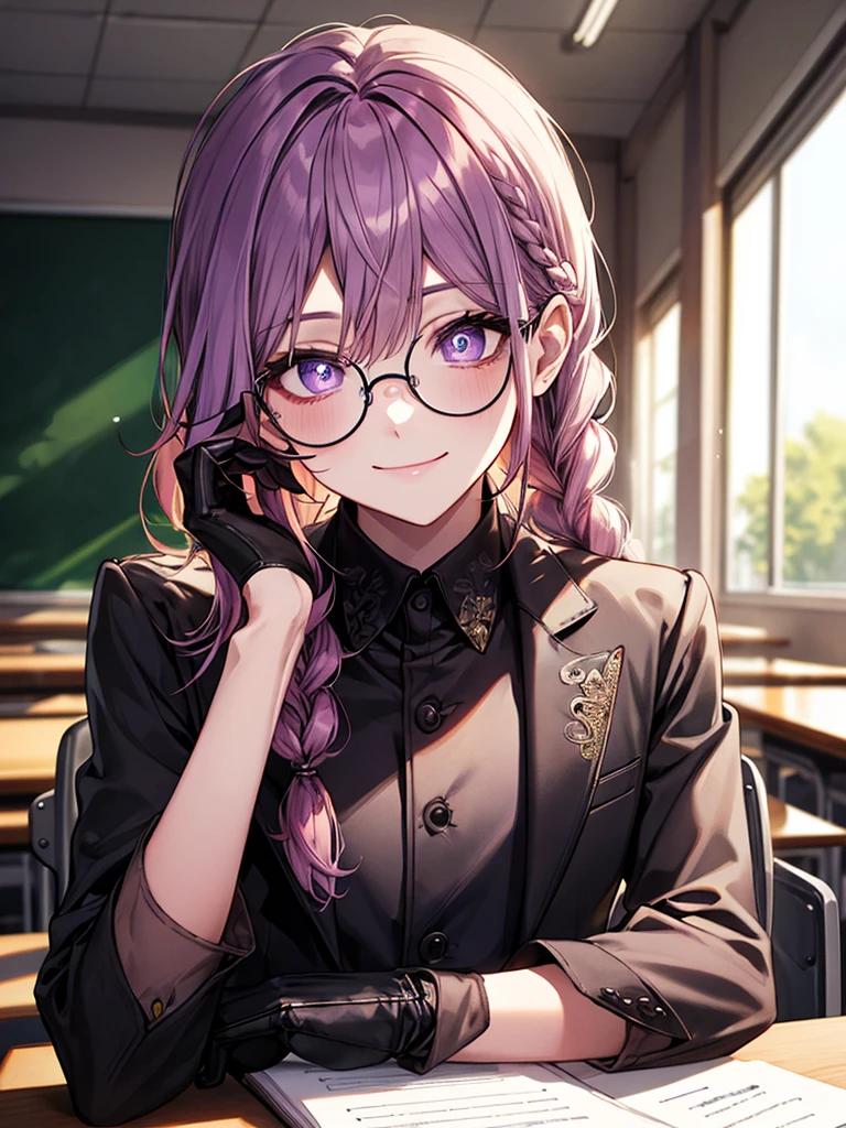 men's,single braid hair,violet colored hair,(Eye 1:2,Clear eyes,Elaborate Eyes,Delicate pupils,Good eyes,eye detailed),Face Focus,Adult,In black suit,best qualtiy,facial detailing,Classroom,sit on desk,sitting in the couch,lazy,Detailed background,diffuse sunlight,depth of fields,Studying Smiling at your desk, violet eyes,black gloves, round glasses, long sleeves,violet hair, smile,