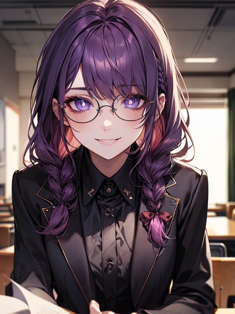men's,single braid hair,violet colored hair,(Eye 1:2,Clear eyes,Elaborate Eyes,Delicate pupils,Good eyes,eye detailed),Face Focus,Adult,In black suit,best qualtiy,facial detailing,Classroom,sit on desk,sitting in the couch,lazy,Detailed background,diffuse sunlight,depth of fields,Studying Smiling at your desk, violet eyes,black gloves, round glasses, long sleeves,violet hair, smile,