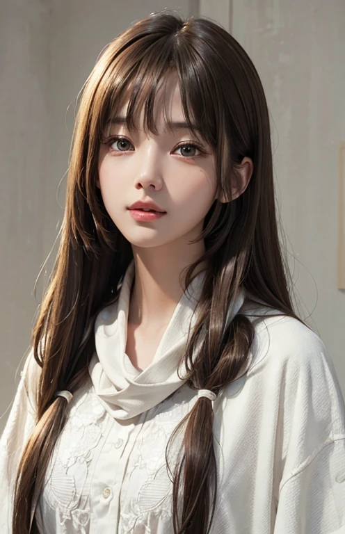 (Surreal)、(Awareness-raising)、(High resolution)、(8k)、(Very detailed)、(Best illustrations)、(Beautiful and detailed eyes)、(Highest quality)、(Ultra-detailed)、(masterpiece)、(wallpaper)、(Detailed face)、solo、One Girl、View your viewers、Fine details、Detailed face、Wearing a white coat、White clothes、Deep Shadow、Low Key、Pure Erotic Face Ace_v1、Laughter、length、Brown shawl Straight hair、46 point diagonal bangs