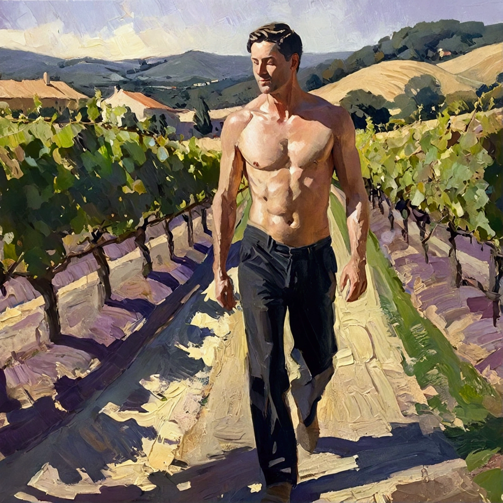 Image of a man, no shirt, portrayed in a lush oil painting style with dynamic, rich strokes and a palpable thickness of paint evoking a sense of movement, set against a beautifully rendered vineyard bathed in golden sunlight. The composition merges historical elegance with contemporary sensuality, emphasizing the graceful curves and form of the body, while the background features sprawling grapevines and soft hills that add depth and warmth, creating an inviting and harmonious atmosphere.