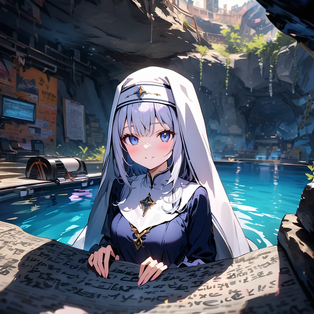Smiling robot angel nun playing in underground cave pool, detailed background, detailed writing, 4k, UHD, absurd, ultra quality, masterpiece,