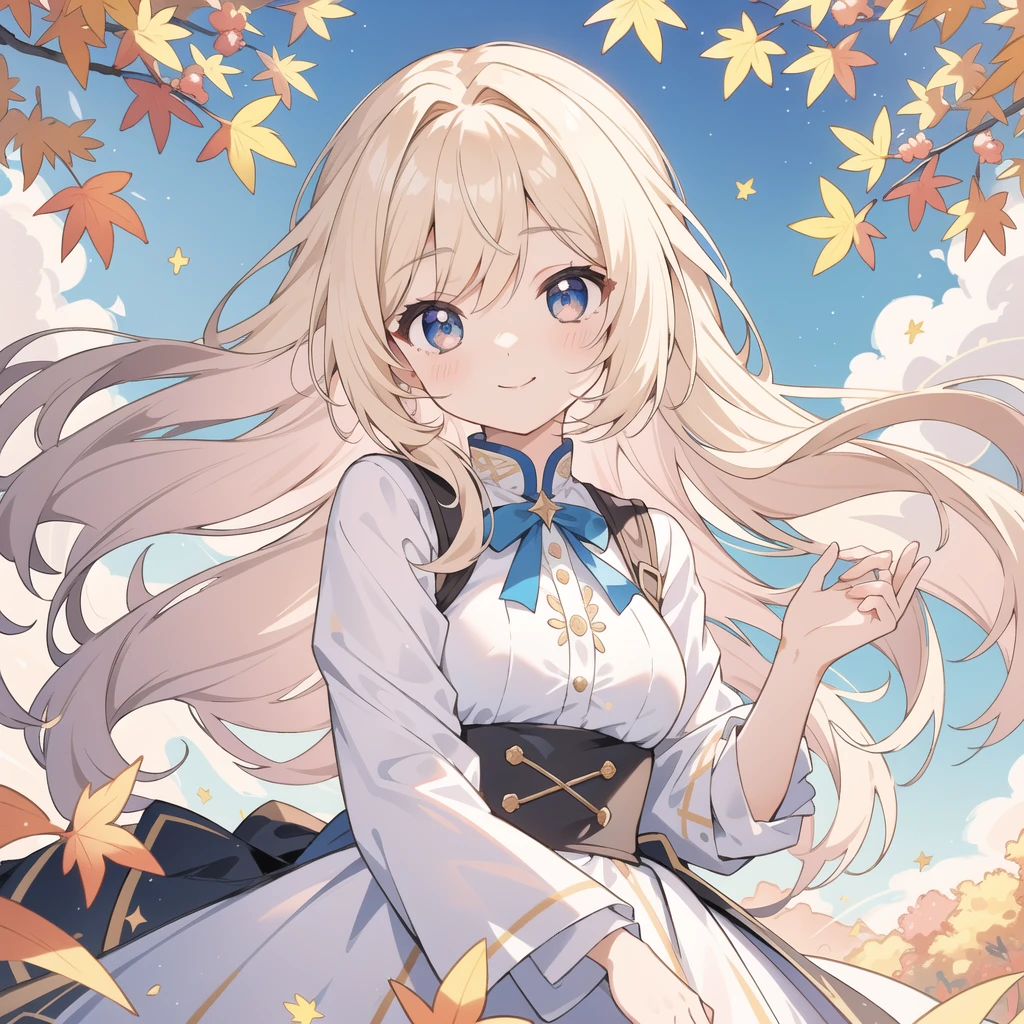 (masterpiece),(Highest quality),(Detailed Expression), Tabletop, Highest quality,shape, wallpaper, Very detailed, Absurd beauty, 1 beautiful girl、Light Hair Color、Sparkly and big eyes、Hair blowing in the wind、Ample breasts、♡、Small Head、Autumn scenery、Malicious smile