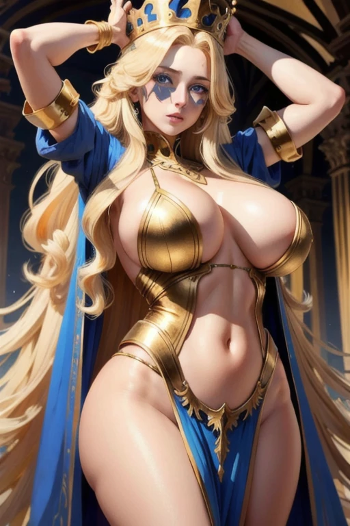 Queen, huge breasts, long golden hair, blue eyes