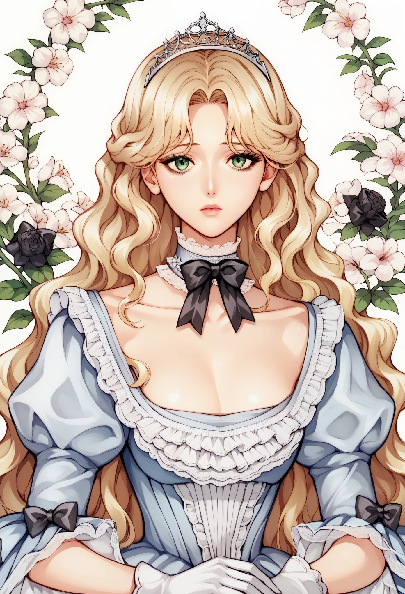 score_9, score_8_up, score_7_up, score_6_up, source_anime, illustration, floral background, romance manhwa, 1girl, blonde hair, solo, long hair, flower, dress, tiara, white dress, gloves, long sleeves, choker, green eyes, mascara, makeup, white gloves, black bow, black flower, wavy hair, bow, jewelry, looking at viewer, white background, collarbone, puffy sleeves, silver accessories, upper body, parted bangs, very long hair, blue dress, frills, bangs, closed mouth, (close up), gleaming skin, shiny glossy skin