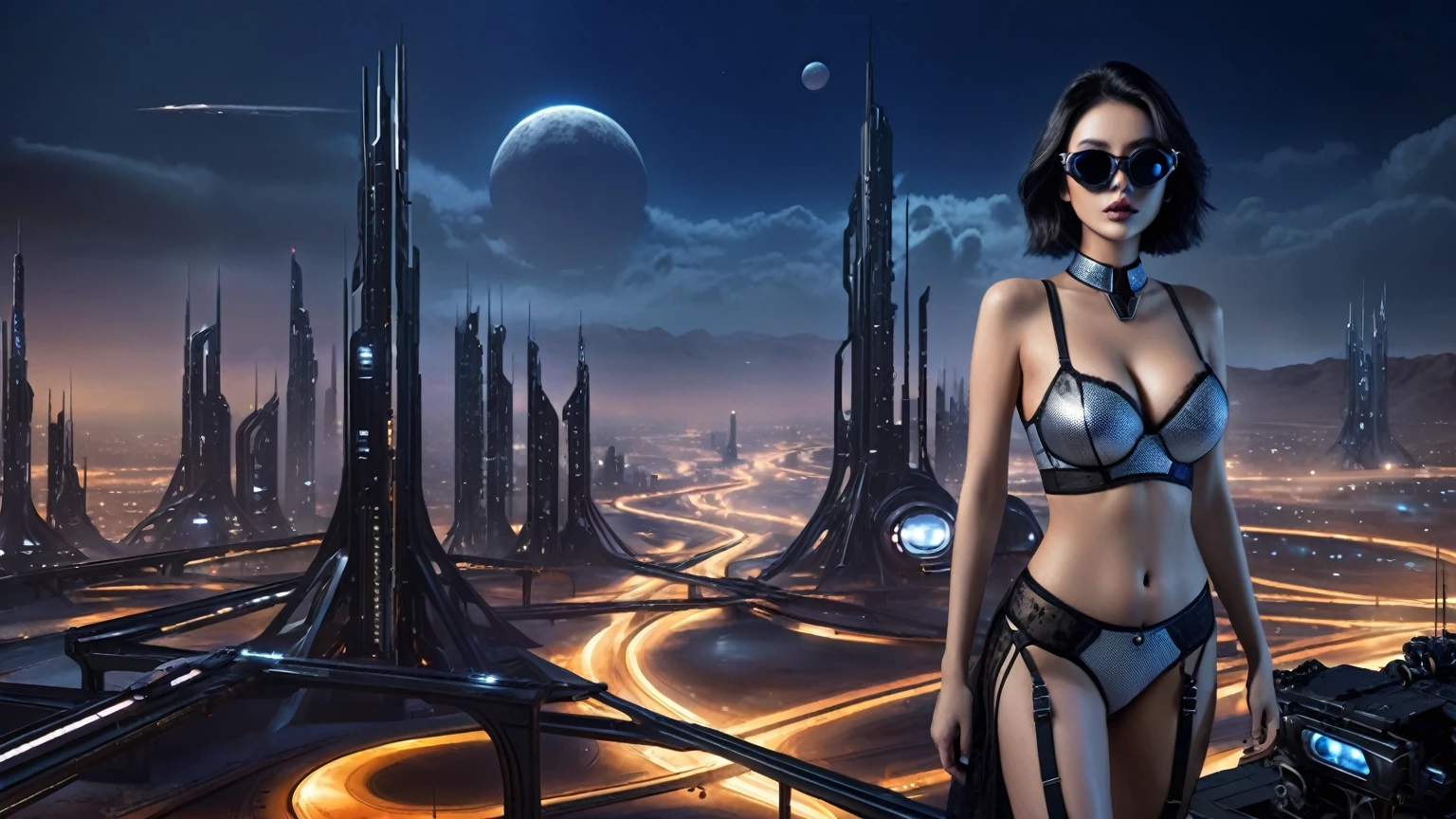 at night, ((a large-breast:1.2 lingerie slim:0.6 GIRL with black micro sunglasses)), ((holding a pistol)), aerial view of an ultra-futuristic megalopolis, tall metal buildings and houses in dark colors from dark blue to black, shades of metal gray, smoky metal structures, industrial environment with fog around, dark cars on the streets, desert megalopolis, modern metal rails and trains passing through, ((futuristic space station)), realistic, detailed, sci-fi.
