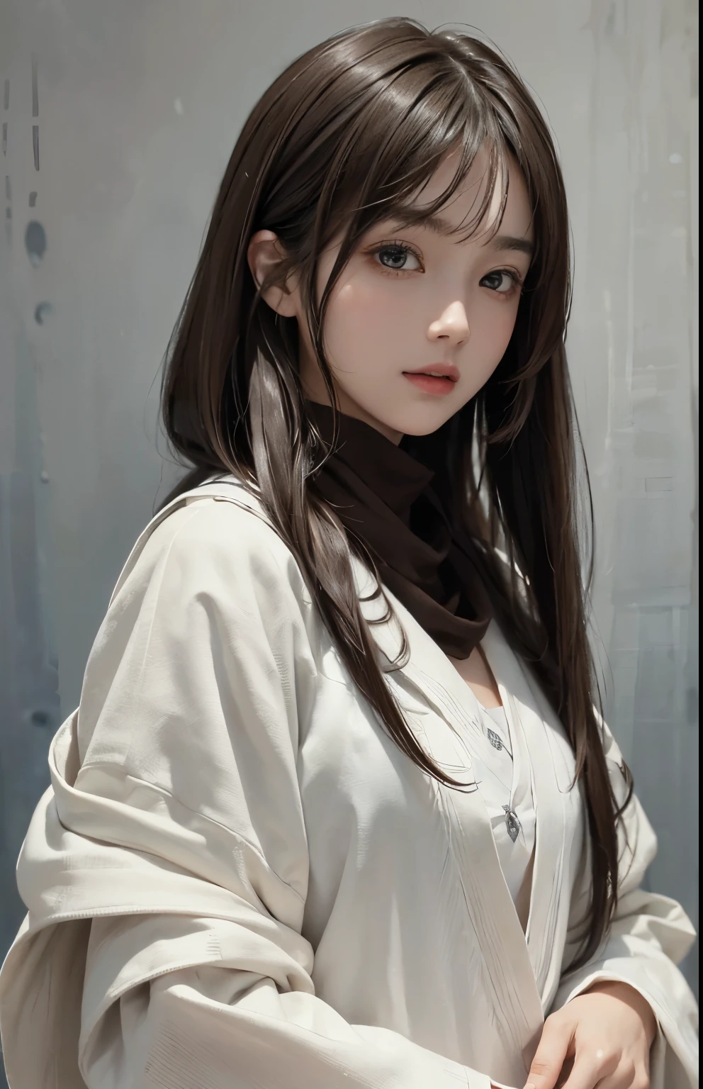 (Surreal)、(Awareness-raising)、(High resolution)、(8k)、(Very detailed)、(Best illustrations)、(Beautiful and detailed eyes)、(Highest quality)、(Ultra-detailed)、(masterpiece)、(wallpaper)、(Detailed face)、solo、One Girl、View your viewers、Fine details、Detailed face、Wearing a white coat、White clothes、Deep Shadow、Low Key、Pure Erotic Face Ace_v1、Laughter、length、Brown shawl Straight hair、46 point diagonal bangs