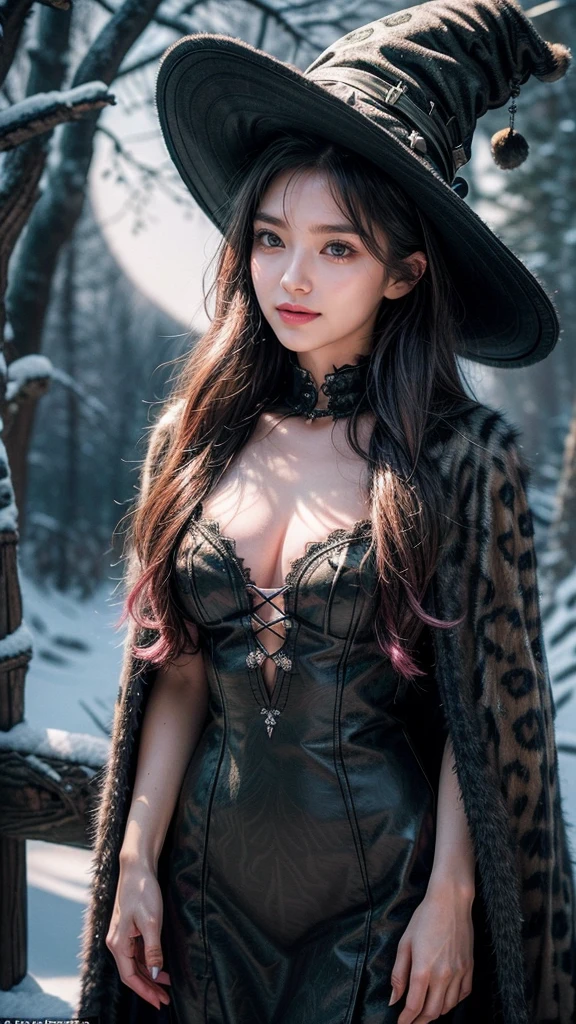 detailed background, dark and eerie forest, fog rolling through the trees, snow-covered ground, full moon shining brightly in the sky, a clearing with scattered leaves and pumpkins, a((slim and graceful)(snow leopard:1.2))female standing tall in her witch costume, (black dress adorned with silver stars), (pointy hat with a wide brim), (long flowing cloak trailing behind her), (sharp claws on her fingertips), (piercing green eyes sparkling with mischief), ((delicate pink nose:1.1)peeking out from under her witch hat), (playful smile revealing sharp fangs), detailed fur markings resembling mystical patterns on her body, (confident stance), (half-body view)