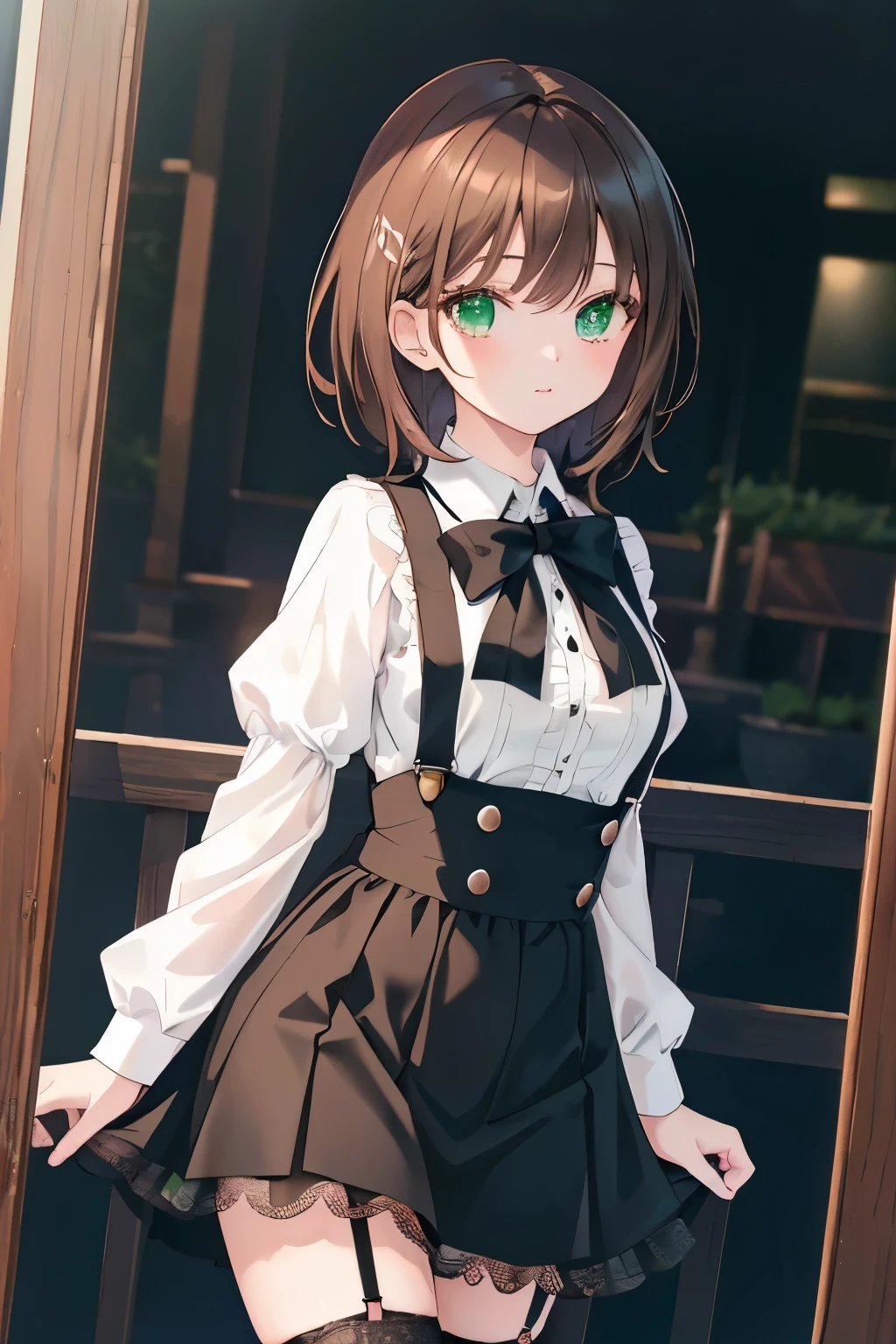 Young woman, short brown hair, green eyes, dress and small hat