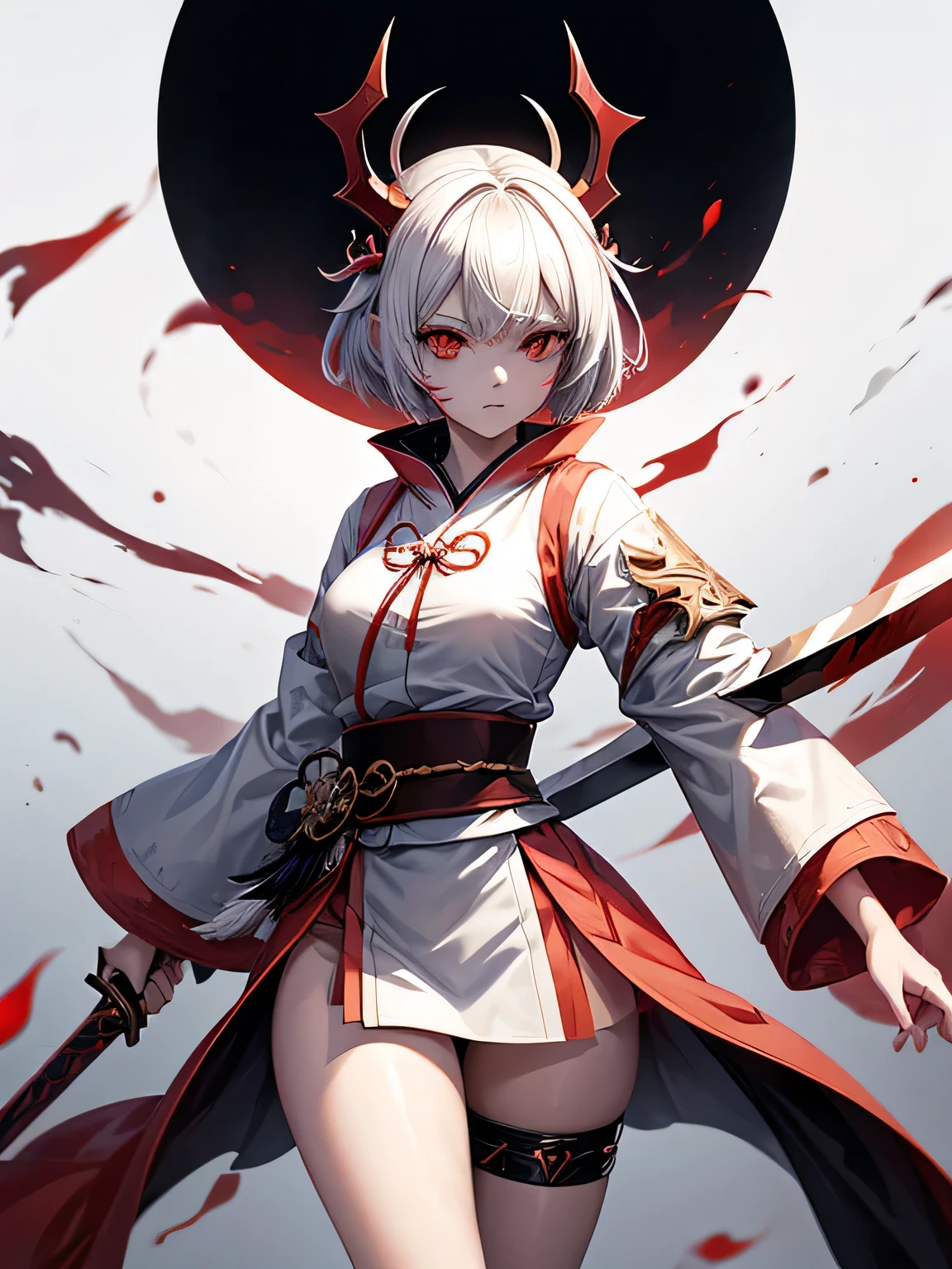 anime girl with white short hair, wearing red horns, with sword and blood splattered on her face, red combination shirt, black and a little white, right eye is red, left eye is orange, Onmyoji detailed art, Onmyoji, demon anime girl, Demon Slayer Artstyle, badass anime 8 k, mika kurai demon, Onmyoji portrait, trending on artstation pixiv, by Shitao, demon slayer rui fanart, anime art wallpaper 8 k, from arknights, whole body, moon background