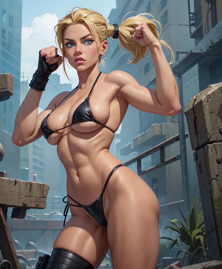 (((Full-length shot))).Two girls,catfights,muscular build and medium breasts ..,wears an black leather bikini. She has a punk rock look and blonde hair pulled back into a ponytail.Hyper-realistic close-up photo of Cammy, blue eyes, masterpiece,Best quality, (Photorealism: 1.4), Create dystopian masterpieces. Post-apocalyptic world. Pay attention to small details, sharp focus. The palms of the hands are clenched into fists.