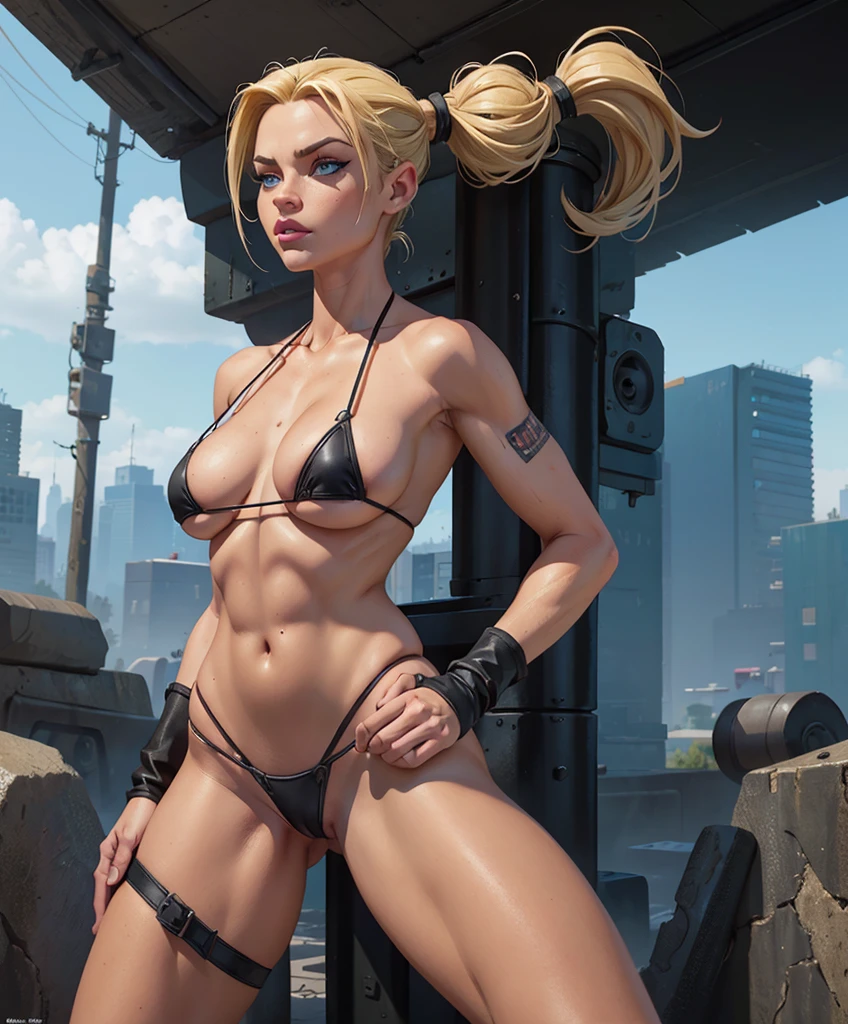 (((Full-length shot))).Two girls,catfights,muscular build and medium breasts ..,wears an black leather bikini. She has a punk rock look and blonde hair pulled back into a ponytail.Hyper-realistic close-up photo of Cammy, blue eyes, masterpiece,Best quality, (Photorealism: 1.4), Create dystopian masterpieces. Post-apocalyptic world. Pay attention to small details, sharp focus. The palms of the hands are clenched into fists.