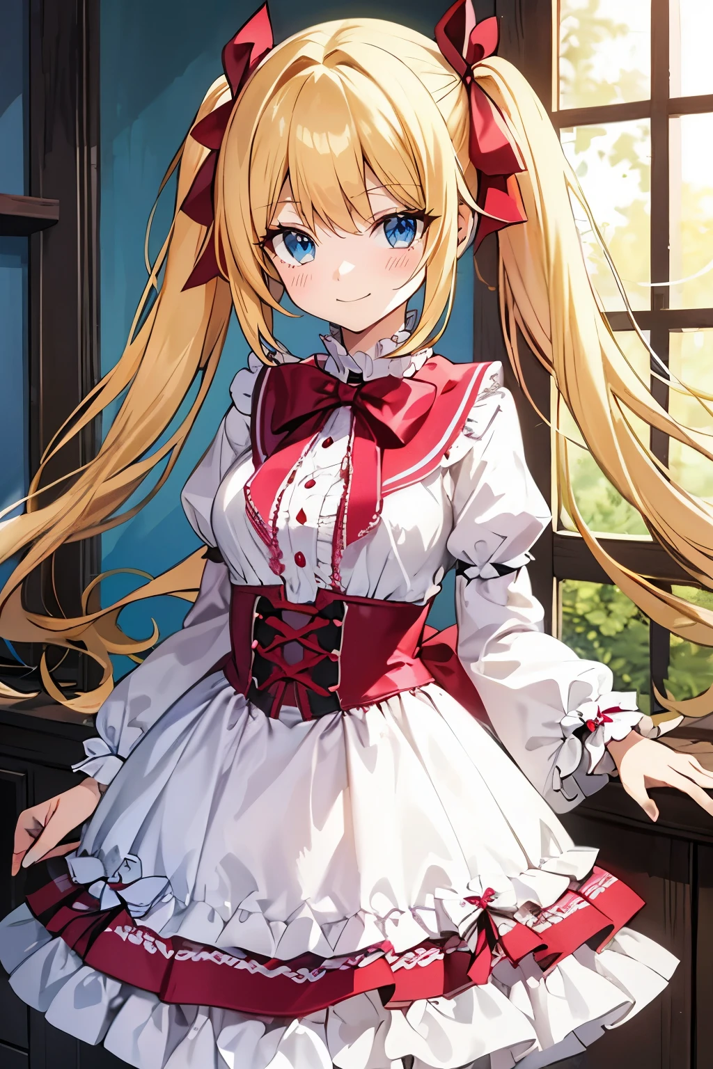 Safe for work, masterpiece, best quality, solo, 1 girl,  cute girl, wholesome girl, (young female body:1.4), ( medium small breasts), cowboy shot, shy smile, flustered, yellow hair, thick wavy hair, extra long hair, hime cut, very blunt bangs, light blue eyes, detailed eyes, outside, lolita fashion, dark red lolita dress, pigtails, cozy background, red lolita dress, ribbons, bows