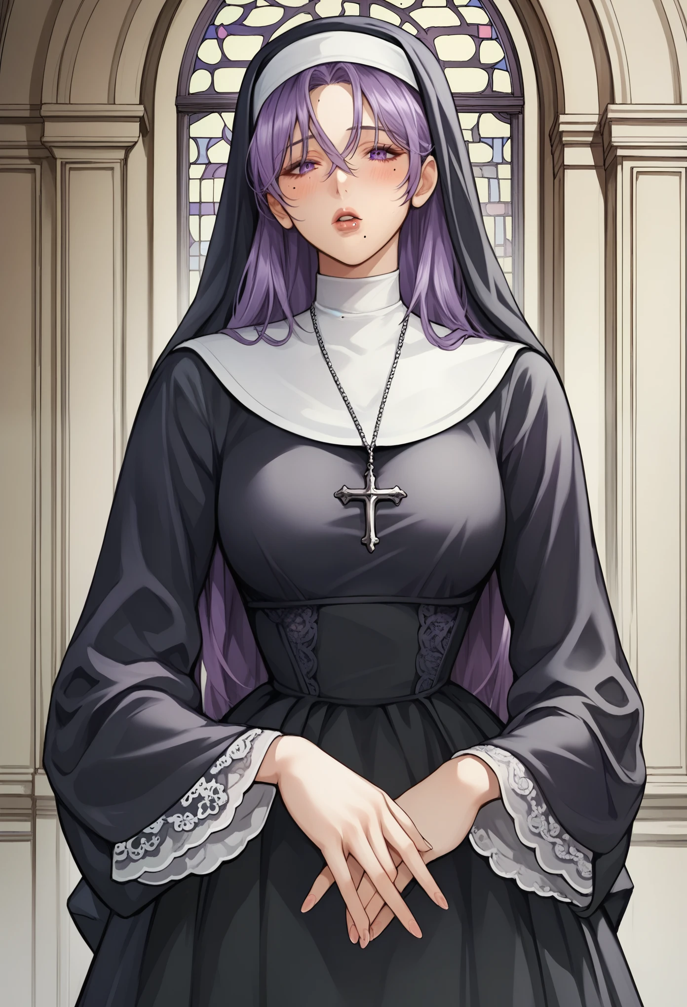 score_9, score_8_up, score_7_up, score_6_up, source_anime, illustration, nun, 1girl, solo, long hair, looking at viewer, blush, medium breasts, long sleeves, dress, hair between eyes, standing, purple eyes, purple hair, parted lips, black dress, mole under mouth, habit, lace,