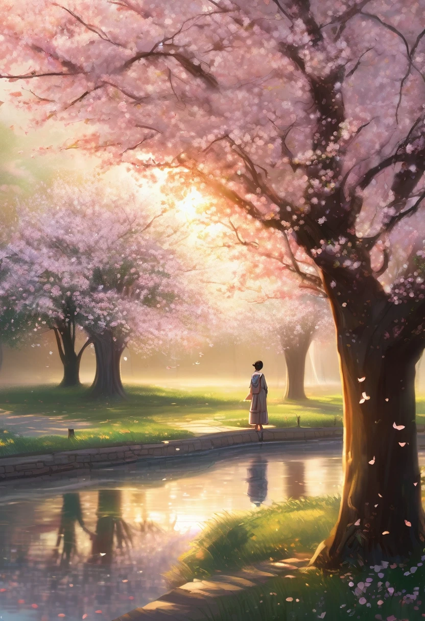 (best quality, masterpiece, ultra detailed), A serene spring morning scene with a gentle breeze blowing through cherry blossom trees. The sunlight filters softly through the petals, casting a warm, hopeful glow. In the foreground, a young person stands with a thoughtful expression, looking towards the horizon as if waiting for someone. The background shows a blend of nostalgic and modern elements, symbolizing memories and dreams intertwining. The overall mood is a mix of calm, reflection, and quiet anticipation