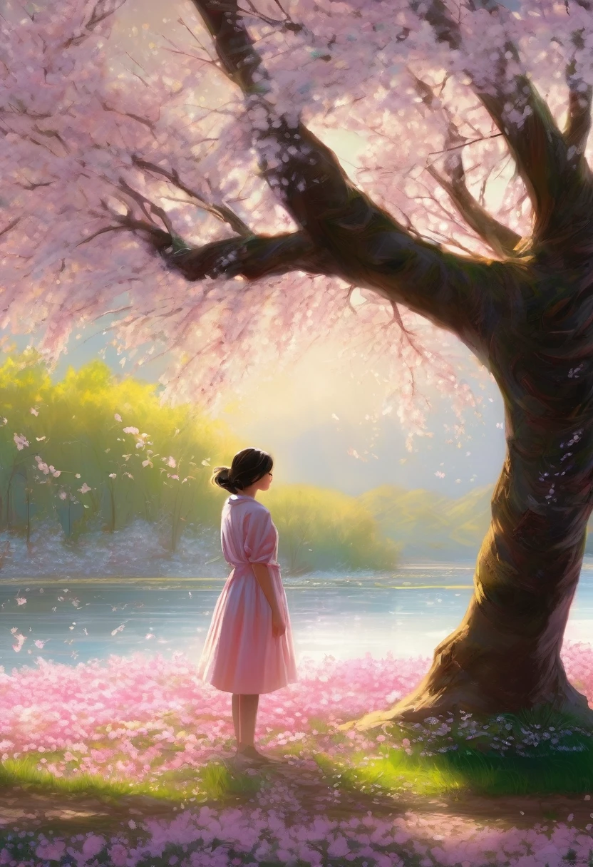 (best quality, masterpiece, ultra detailed), A serene spring morning scene with a gentle breeze blowing through cherry blossom trees. The sunlight filters softly through the petals, casting a warm, hopeful glow. In the foreground, a young person stands with a thoughtful expression, looking towards the horizon as if waiting for someone. The background shows a blend of nostalgic and modern elements, symbolizing memories and dreams intertwining. The overall mood is a mix of calm, reflection, and quiet anticipation