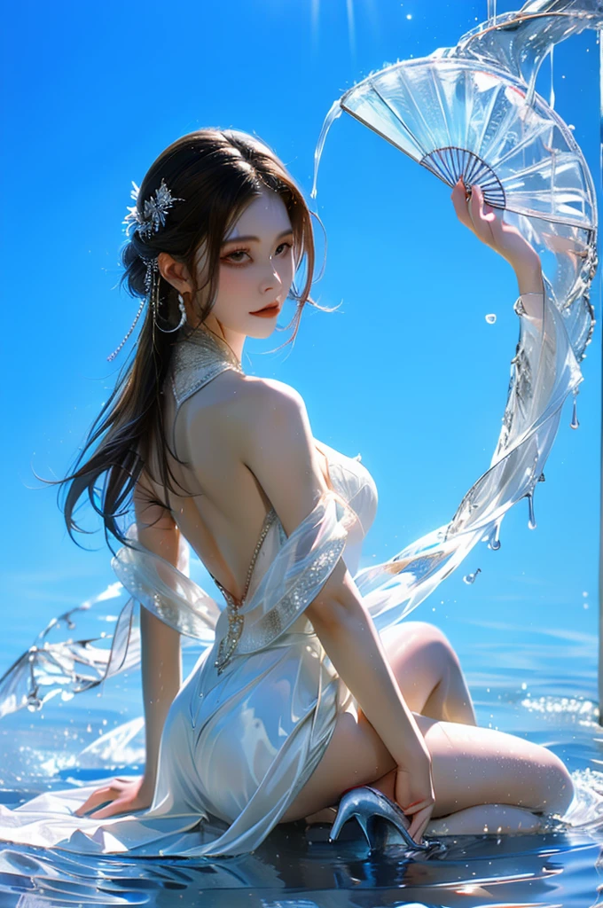 yushuishan, 1 girl, water, High heel, skirt, Bare legs, Hand fan, alone, long hair, Look back, ripple, whole body, jewelry, white skirt, hair accessories, forehead mark, splash, brown hair, blue skirt,
best quality,masterpiece,Ultra-high resolution,