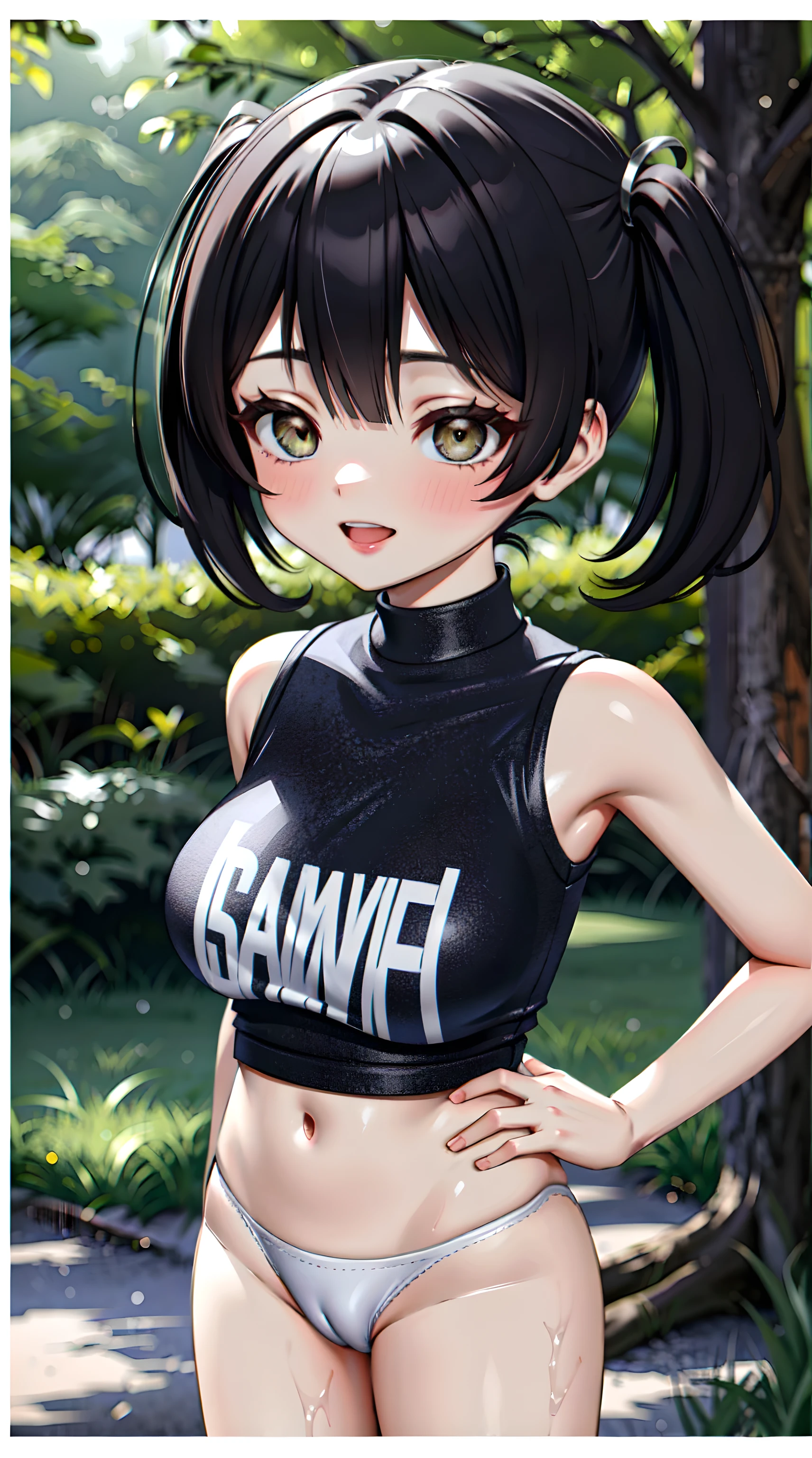 3DMM, Opll, sagging breasts, saggy , peitos enormes, peitos peitos peitos, coxas coxas coxas coxas, ((ultra-sexualized pornographic girl)), messy bluish black tomboy hair, tomboy, olhos verdes gigantes e fofos, sorriso malicioso, Erotic mouth, erotic face, sofrendo, sentindo dor, excitada, aspecto macio, cintura fina, suada, usando roupa hipersexualizada, micro saia hipersexualizada, in the background a forest with trees, Bottom-up view, vista de baixo, unreal engine, Sharp focus, cinemactic, good definition, NSFW, boa forma, bom foco, blur, pele aspecto oleosa, cameltoe