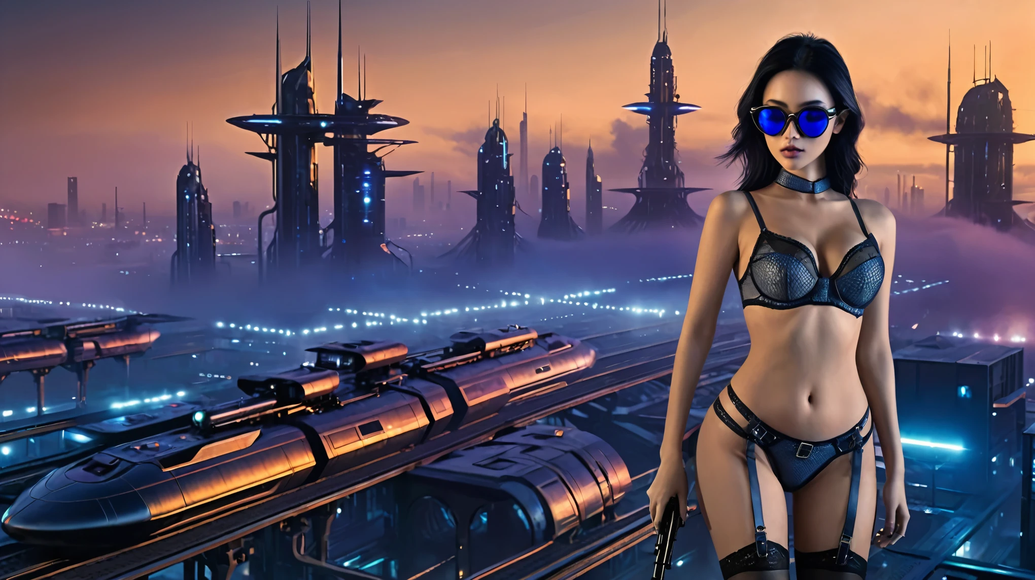 at night, ((a large-breast:1.2 lingerie slim:0.6 GIRL with black micro sunglasses)), ((holding a pistol)), aerial view of an ultra-futuristic megalopolis, tall metal buildings and houses in dark colors from dark blue to black, shades of metal gray, smoky metal structures, industrial environment with fog around, dark cars on the streets, desert megalopolis, modern metal rails and trains passing through, ((futuristic space station)), realistic, detailed, sci-fi.