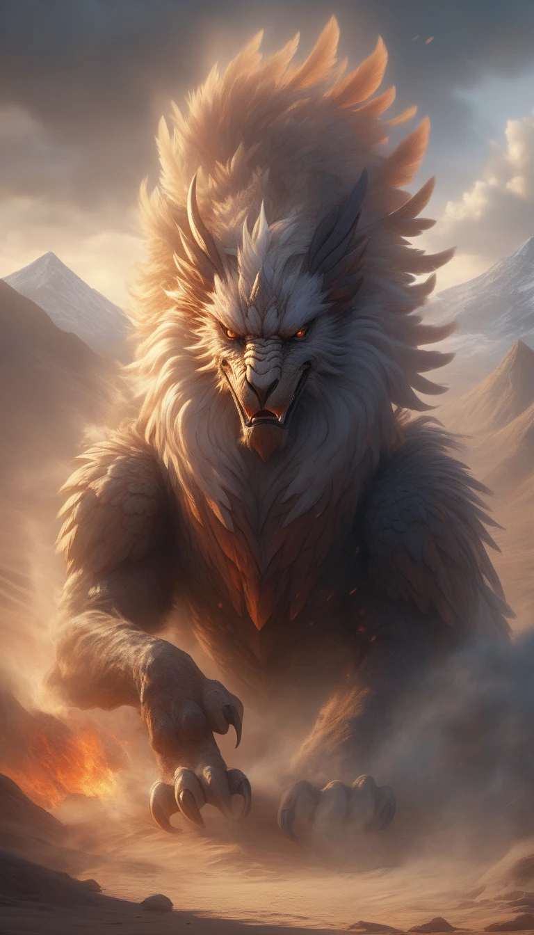 Create a digital artwork that captures the intense and fearsome presence of a Griffin standing ready to fight on a rugged badland sand mountain. The Griffin should be depicted in a stance that conveys extreme anger and readiness for battle. Its lion body should be muscular and tense, with its sharp eagle claws gripping the rocky terrain. The eagle head should be adorned with fierce eyes and an open beak, roaring defiantly. The setting should be a dramatic badland landscape with jagged rocks, crumbling cliffs, and a barren, sandy terrain. Include elements of smoke and fire flames surrounding the Griffin, emphasizing the chaos and destruction of the scene. The sky should be dark and ominous, with thick clouds of smoke and hints of firelight illuminating the scene in a dramatic contrast. Focus on hyper-detailed textures, such as the Griffin's feathers, fur, and scales, making its anger and power palpable. The fire and smoke should be rendered realistically, with dynamic lighting and shadows enhancing the overall intensity of the scene. The atmosphere should evoke a sense of impending battle and raw, untamed power. Render the entire scene in super-realistic, hyper-detailed 4k resolution, ensuring that every element, from the Griffin’s expression to the surrounding environment, contributes to the overall sense of fury and readiness for combat. cinematic lighting, strong contrast, high level of detail, best quality, masterpiece, extremely high-resolution details, photographic, realism pushed to extreme, fine texture, incredibly lifelike