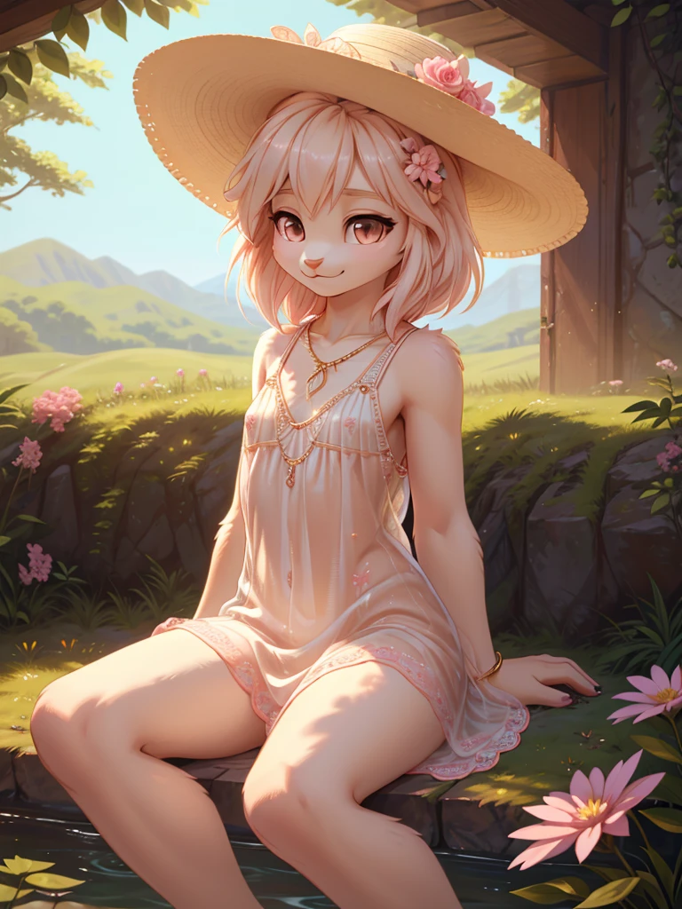 **Prompt:** A beautiful, (masterpiece), high quality, perfect lighting, highly detailed CG Unity 8k wallpaper, high resolution, perfect lighting, youthful, adolescent, tall, slim, skinny, frail slender figure, slim legs, distinctly feminine figure, narrow hips, long legs, close-up shot of a unique female rabbit character. She has soft, creamy white fur with delicate pink undertones, enhancing her gentle and serene appearance. Her hair, a long, silky pastel pink, frames her face gracefully, with loose strands softly resting on her shoulders. Her large, expressive hazel eyes are filled with warmth and kindness, drawing the viewer in.

She is dressed in a light, airy see through, sheer, translucent sundress in pastel colors, adorned with delicate floral embroidery and subtle ruffles. A wide-brimmed hat, decorated with fresh flowers, sits beside her, emphasizing her relaxed and natural style. Her accessories include a delicate gold necklace with a small pendant and simple stud earrings. 

The character is lying down on the ground, leaning back slightly on her hands, with her thin legs stretched out. Her face is the focal point, tilted slightly upwards, capturing a moment of peaceful reflection. Her expression is serene, with a soft, content smile and eyes half-closed as if enjoying a gentle breeze or the warmth of the sun. The background is softly blurred, keeping the focus on her delicate features and the intricate details of her outfit, creating an intimate and tranquil atmosphere.