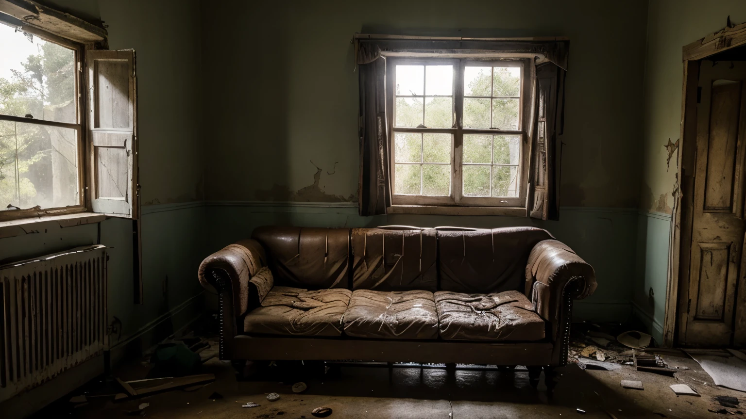 The interior of an abandoned country house, with an old mattress, torn sofa and a destroyed bathroom, everything shrouded in shadow and smells of rotting wood.